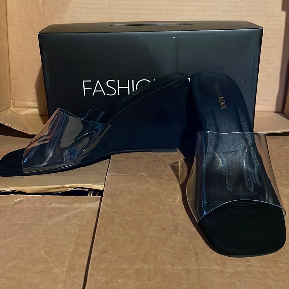 New Fashion Nova Faux Suede Black Clear Wedge